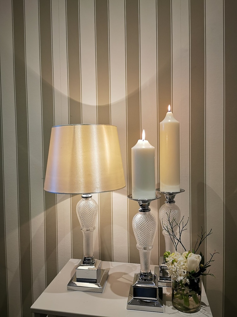 [31259] Lampe i glass og krom m/rund skjerm, H - 61 cm