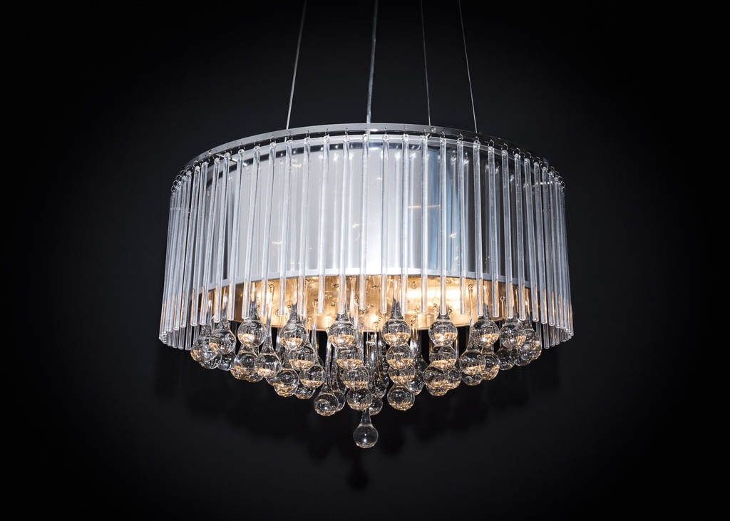 [31297] Lyskrone m/skjerm i sølv, "staver" i glass + prismer, Ø - 60 cm
