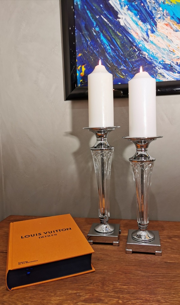 [31346] Lysestake i krom + klart glass, H - 32 cm