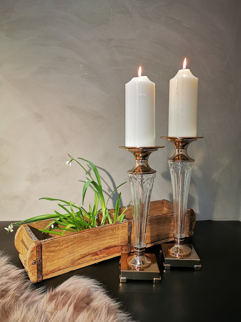[31348] Lysestake "gylden" + klart glass, H - 32 cm