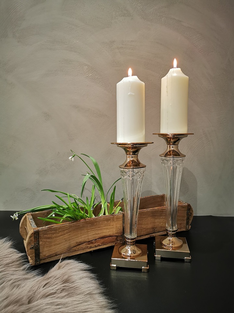 [31349] Lysestake "gylden"' + klart glass, H - 35 cm