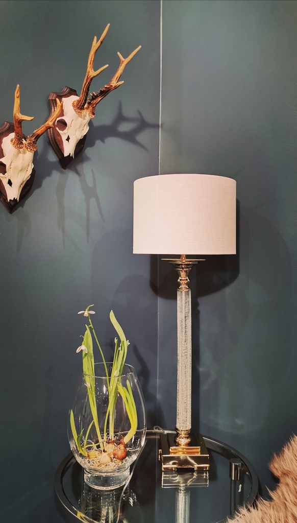 Lampe, "gylden" & krakkelert glass, m/rund skjerm, H - 75 cm