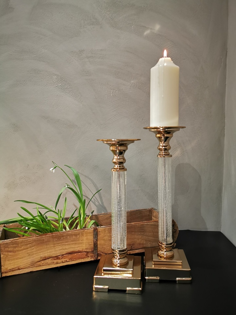 [31356] Lysestake, "gylden" & krakkelert glass, H - 37 cm