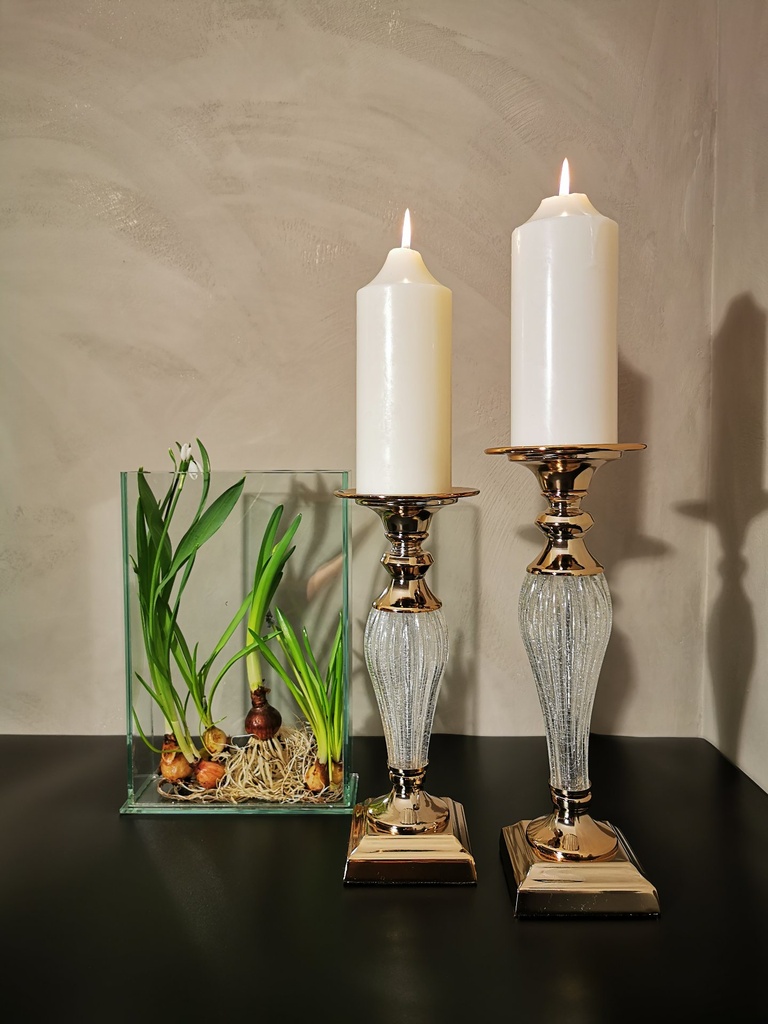 [31358] Lysestake "gylden" + krakkelert glass, H - 32 cm