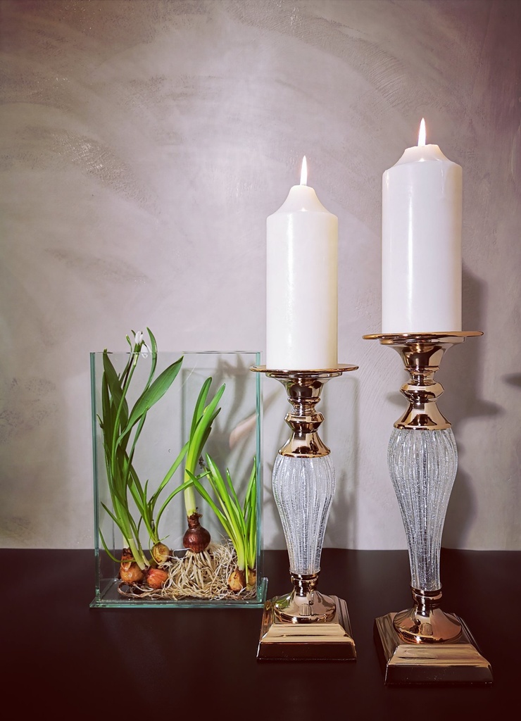 [31359] Lysestake "gylden"' + krakkelert glass, H - 35 cm