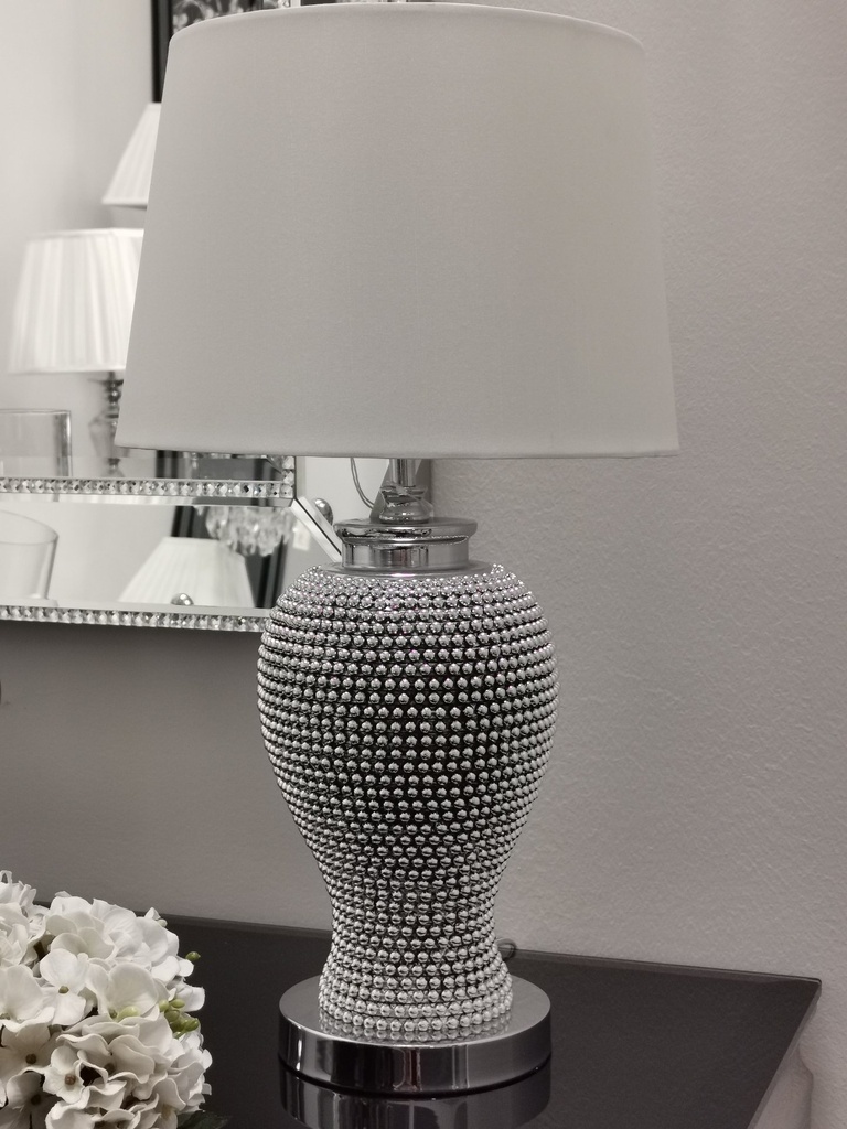 Bordlampe m/små sølvkuler, rund lys skjerm, H - 54 cm