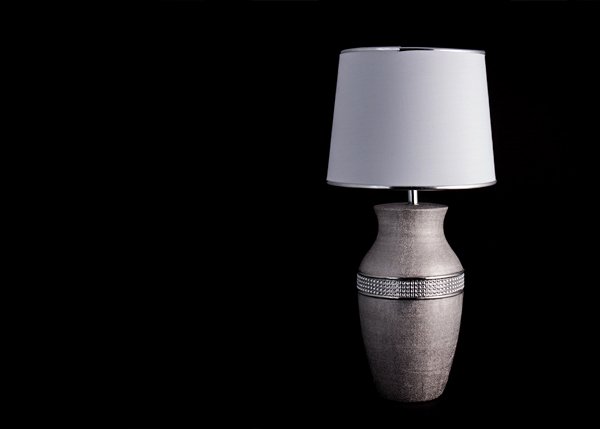 Lampe, sølv m/krystaller, rund skjerm, H - 49 cm
