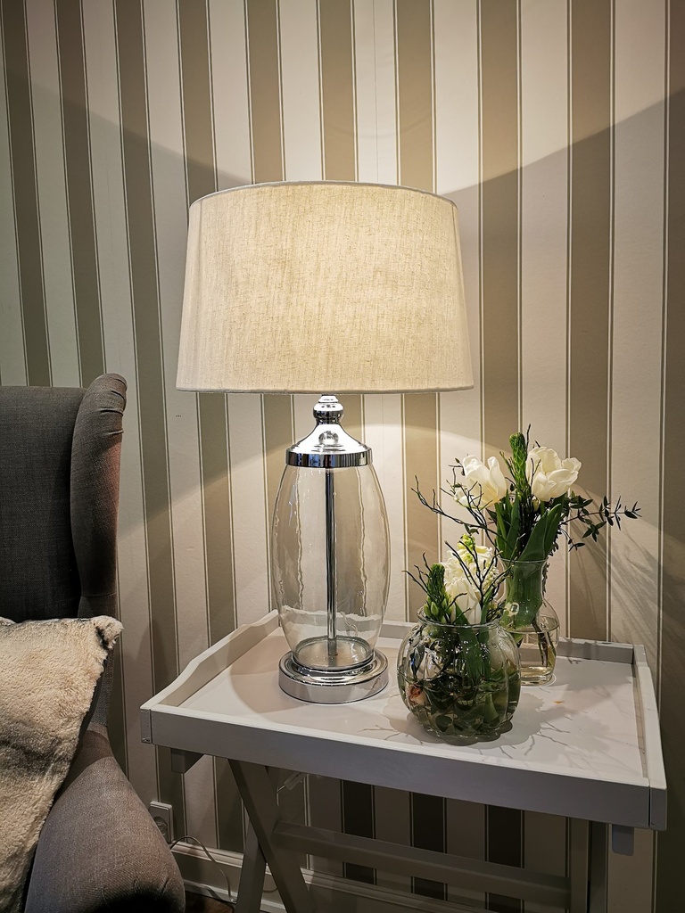Lampe, glass + krom m/rund skjerm, H - 67 cm