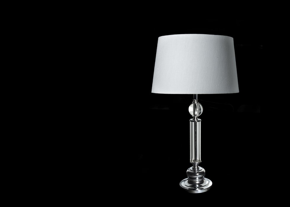 Lampe, glass + krom m/rund skjerm, H - 60 cm