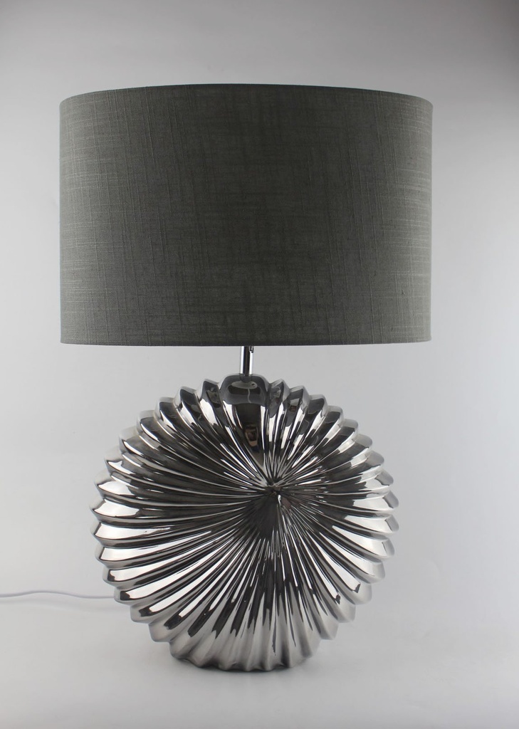 Lampe, sølv fot m/grå oval lin skjerm, H - 61 cm