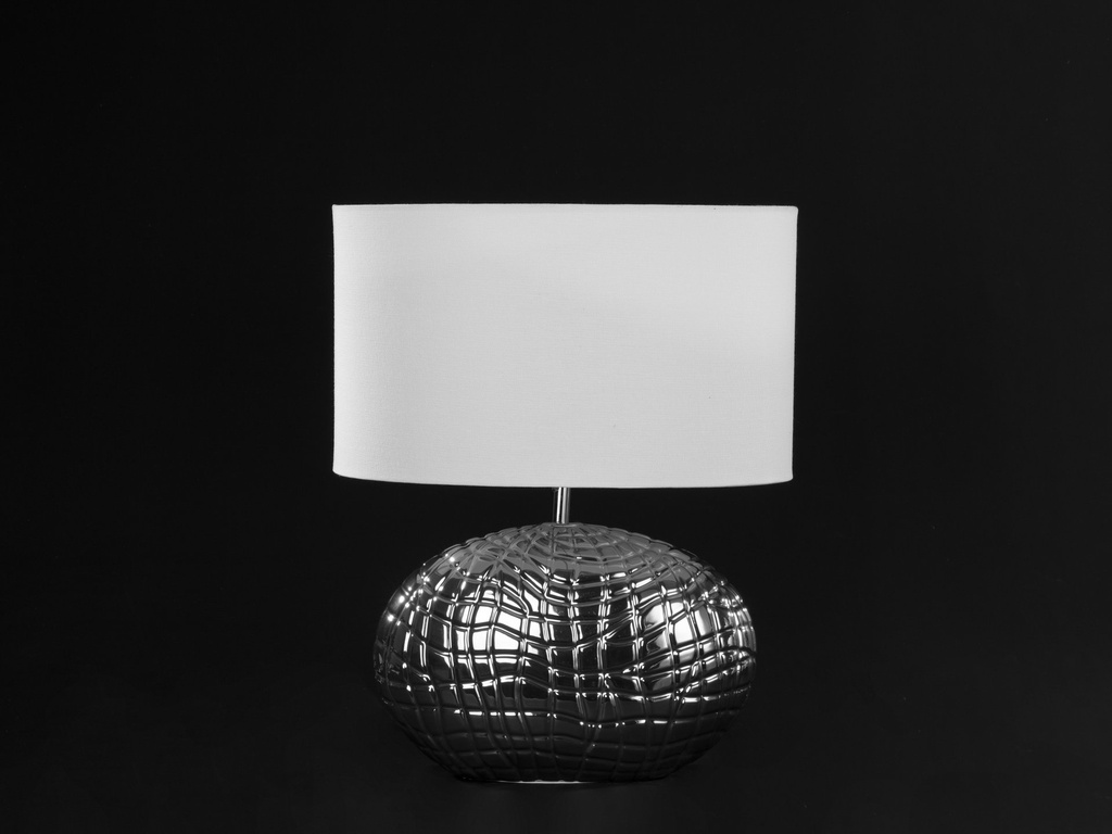 [31577] Lampe, sølv m/oval hvit lin skjerm, H - 43,5 cm