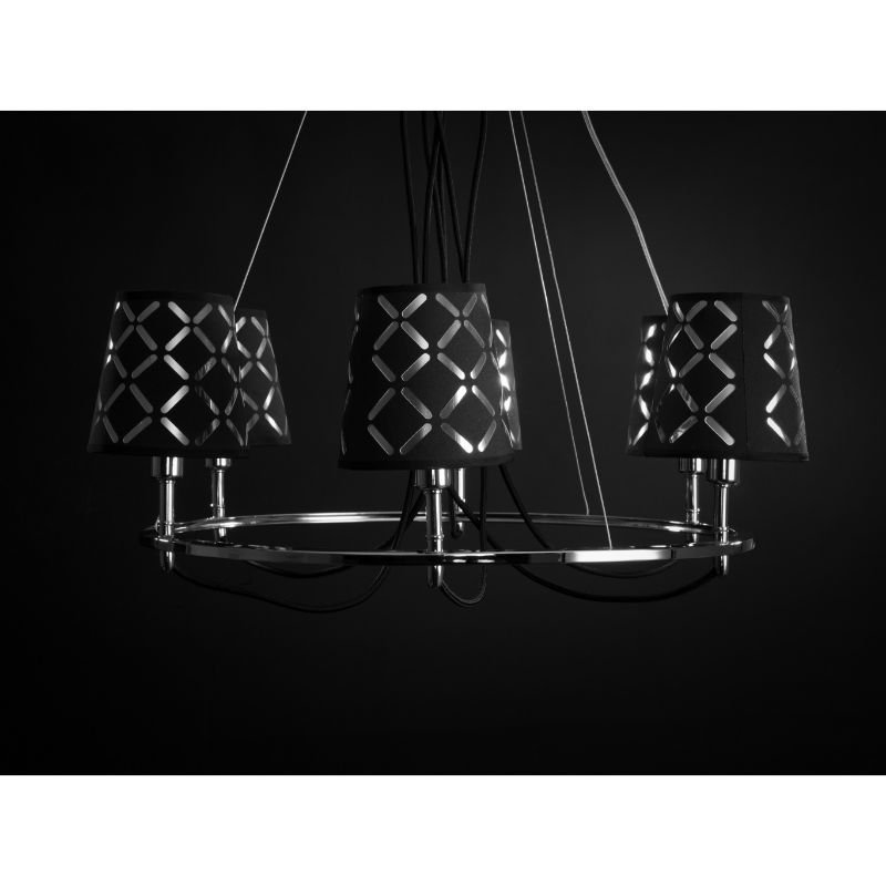 Lysekrone, 6 pærer, krom m/svarte skjermer m/sølv "kryss", dia. 58 cm