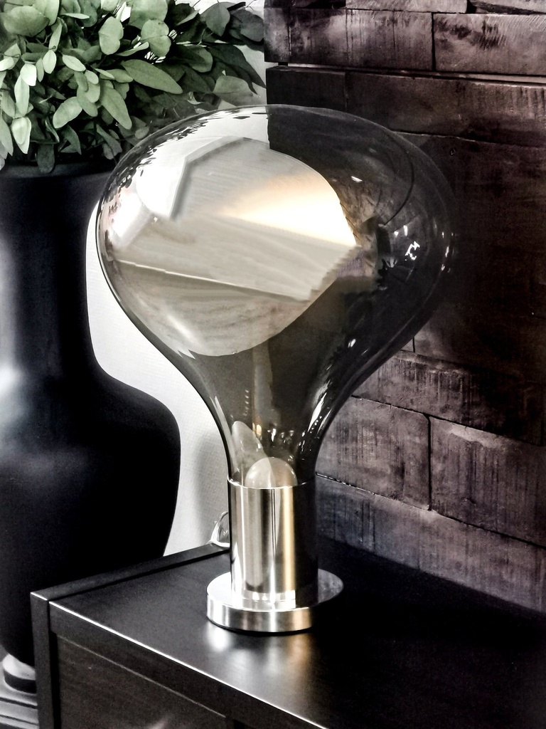 "Big bulb" lampe, smoke glass skjerm, krom sokkel, H - 53 / dia. 40 cm