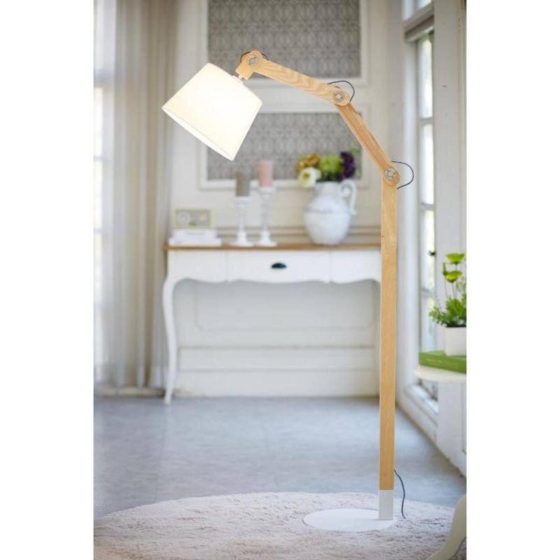 [31609] Gulv lampe, hvit  skjerm, hvit stål fot, arm i solid ask, 170*85*32 cm