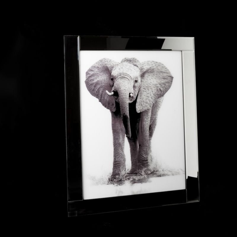[500389] Glitter glass print med speil ramme, "elefant m/hvit bakgrunn", 95 x 75 x 2 cm