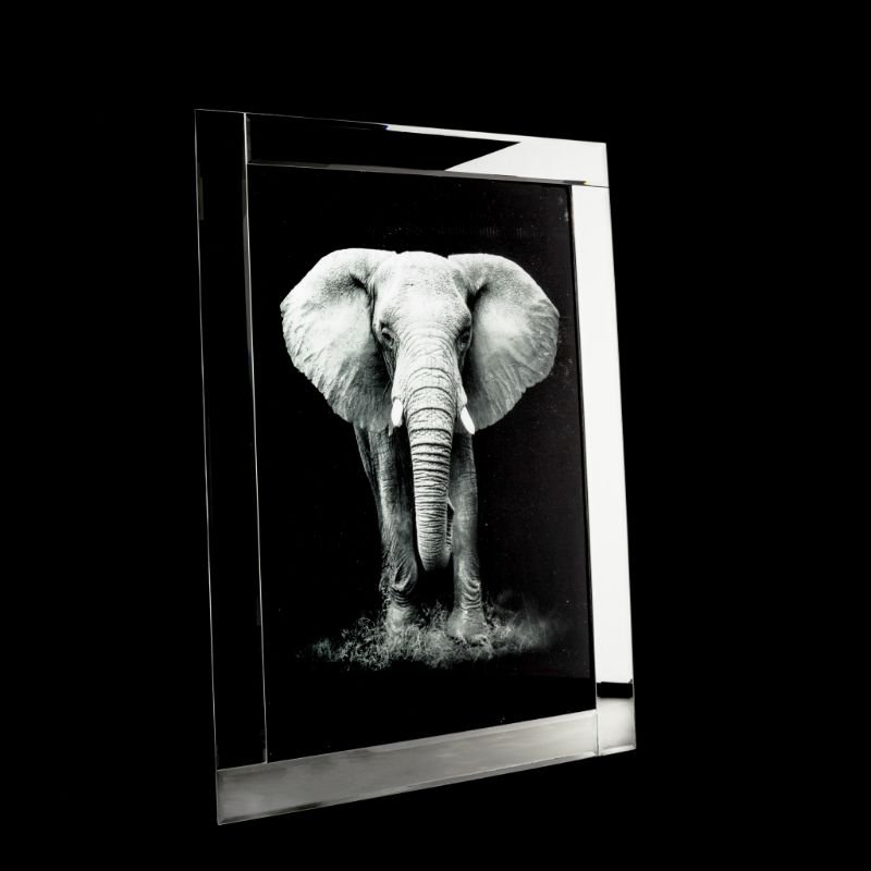[500390] Glitter glass print med speil ramme, "elefant m/svart bakgrunn", 105 x 75 x 2 cm
