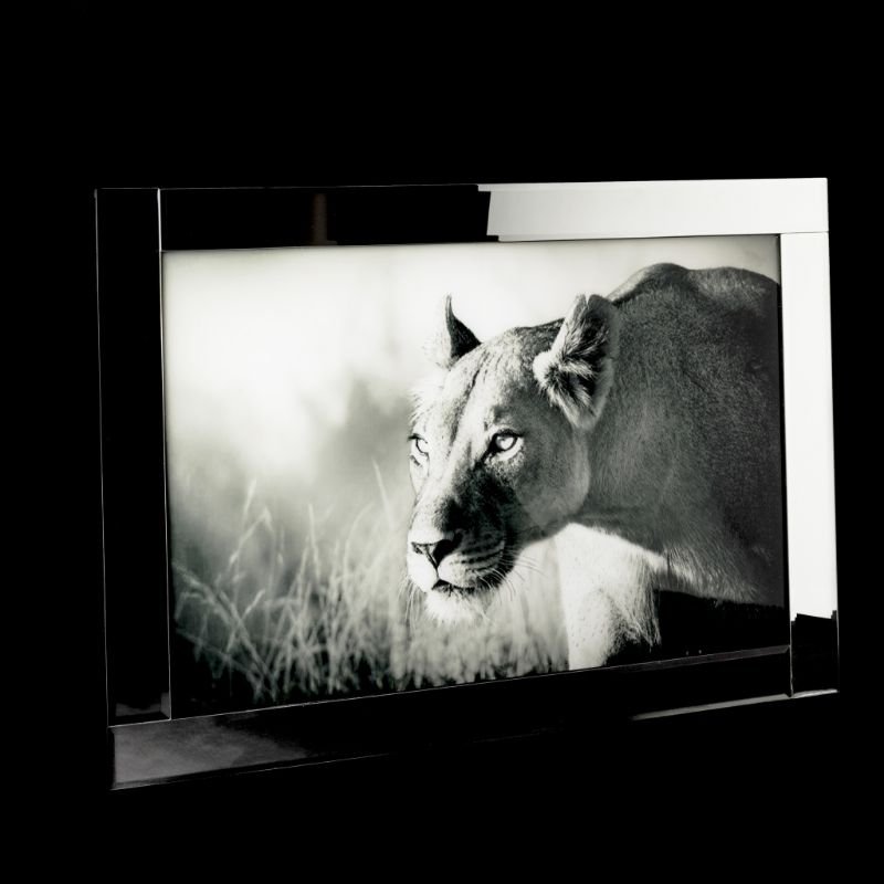 [500391] Glitter glass print med speil ramme, "løve m/lys bakgrunn", 75 x 105 x 2 cm