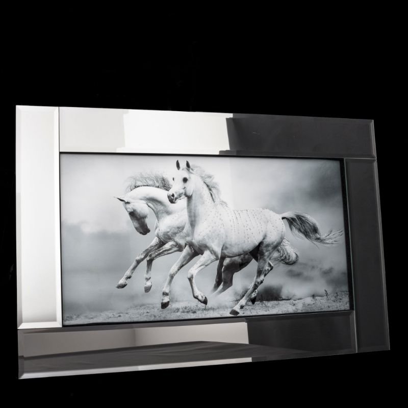 [500394] Glitter glass print med speil ramme, "hester m/hvit bakgrunn", 45 x 75 x 2 cm