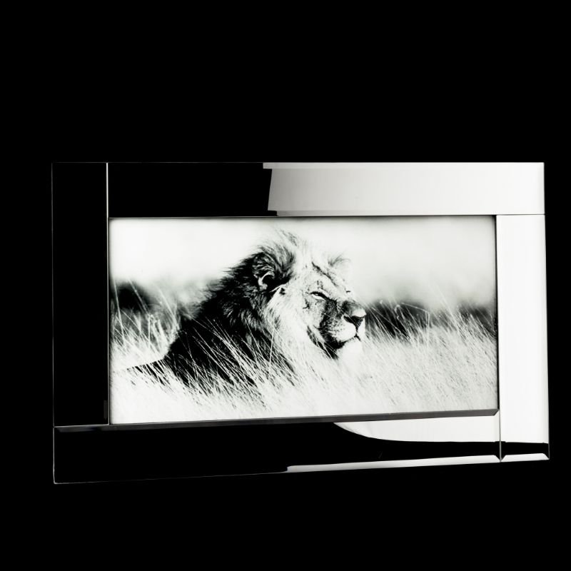 [500395] Glitter glass print med speil ramme, "løve m/lys bakgrunn", 45 x 75 x 2 cm