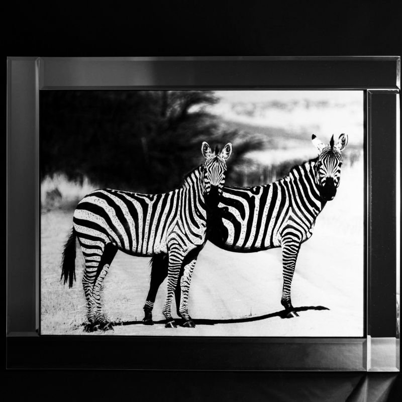 [500396] Glitter glass print med speil ramme, "sebraer m/lys bakgrunn", 75 x 95 x 2 cm