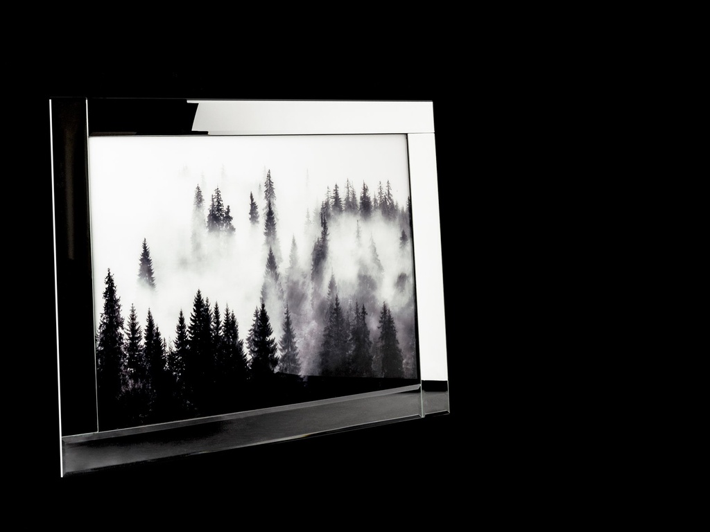 [500397] Glitter glass print med speil ramme, "skog m/lys bakgrunn", 75 x 95 x 2 cm