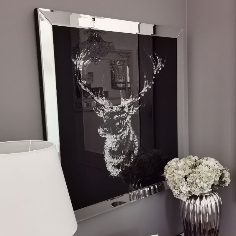 [500407] Bilde, "hjort" m/speilramme og krystaller, 80 x 80 x 2,5 cm