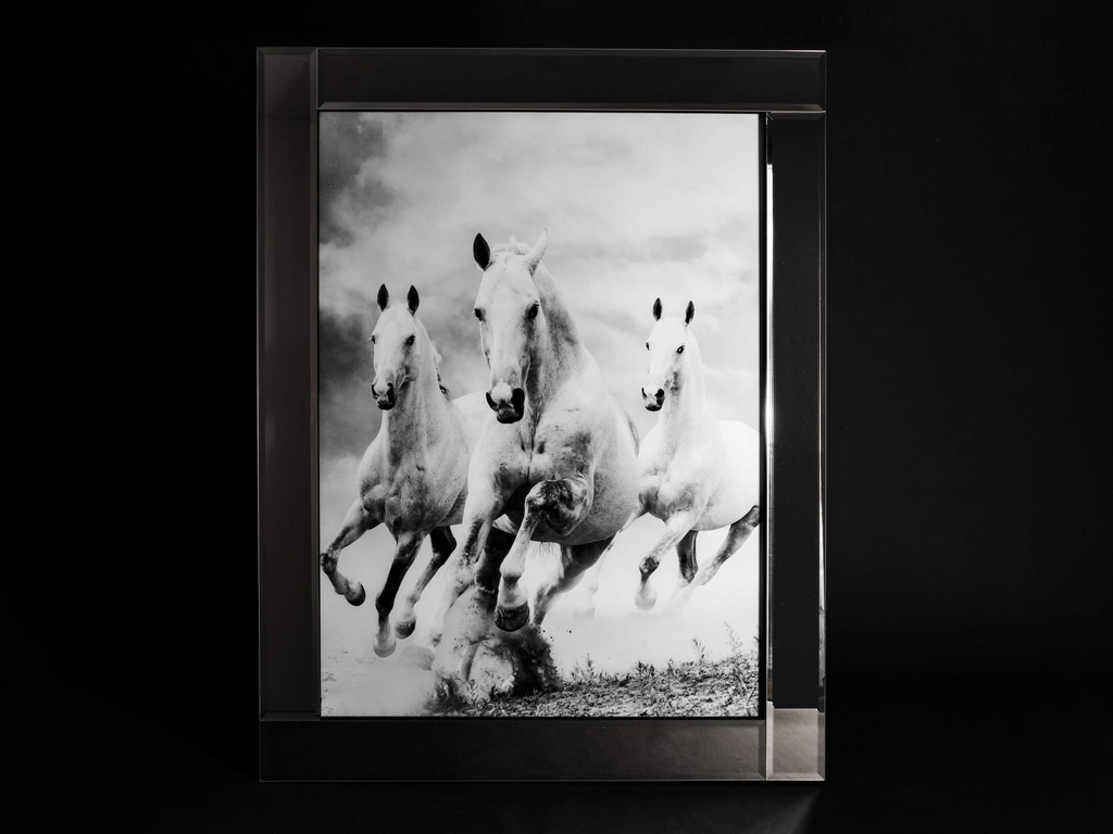[500417] Glass print med speil ramme, "hester m/lys bakgrunn", 95 x 75 x 2 cm