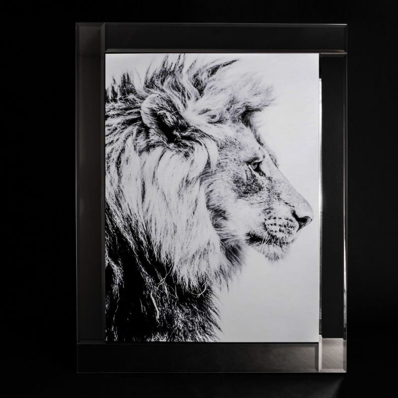 [500418] Glass print med speil ramme, "løve m/lys bakgrunn", 95 x 75 x 2 cm