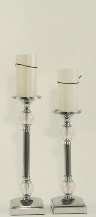 Lysestake  i krom + 2 krystall kuler, H - 34 cm