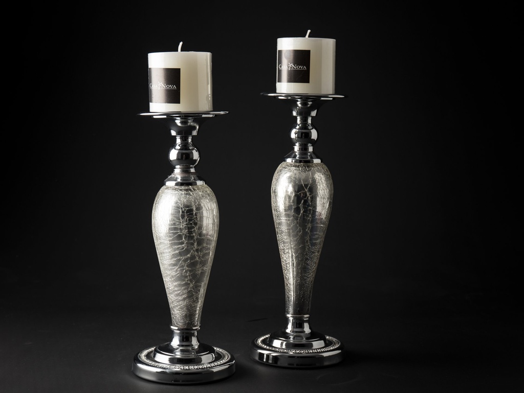 Lysestake m/forsølvet krakkelert glass, krom fot m/krystaller, H 30,5 cm