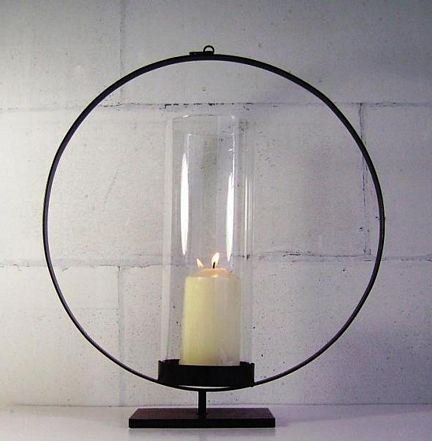 [60337] Lysestake m/glass  sv.jern H53/Ø-45 cm