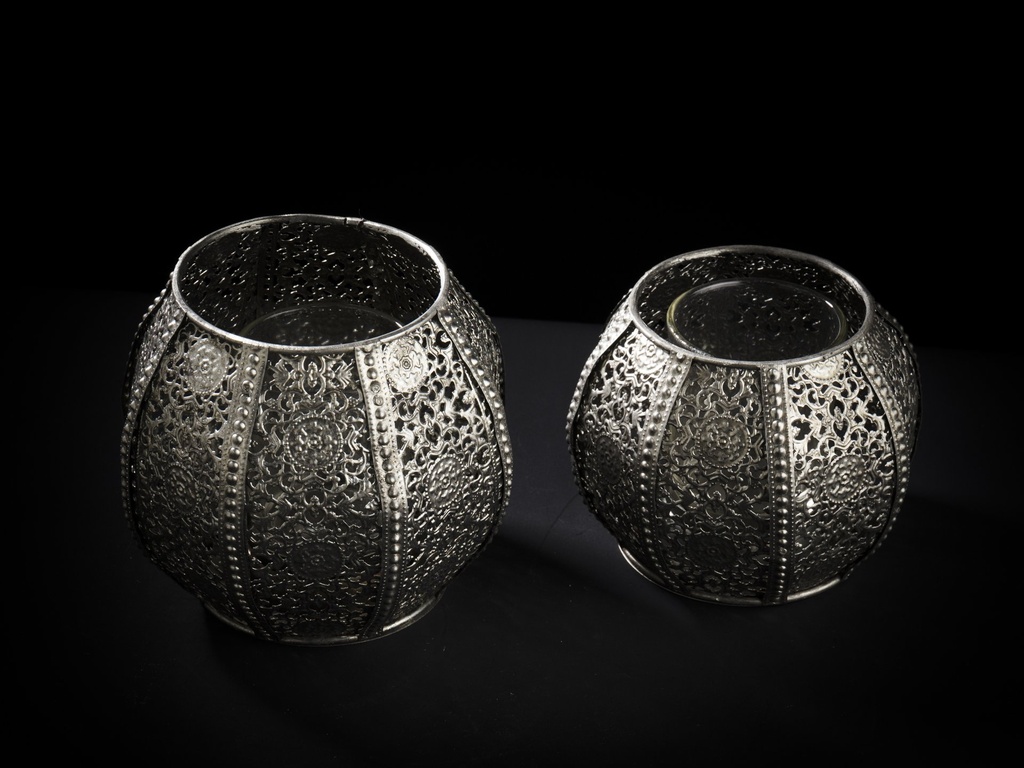 [60381] Telysstake m/glass i antikk sølv, 9 x 11 cm