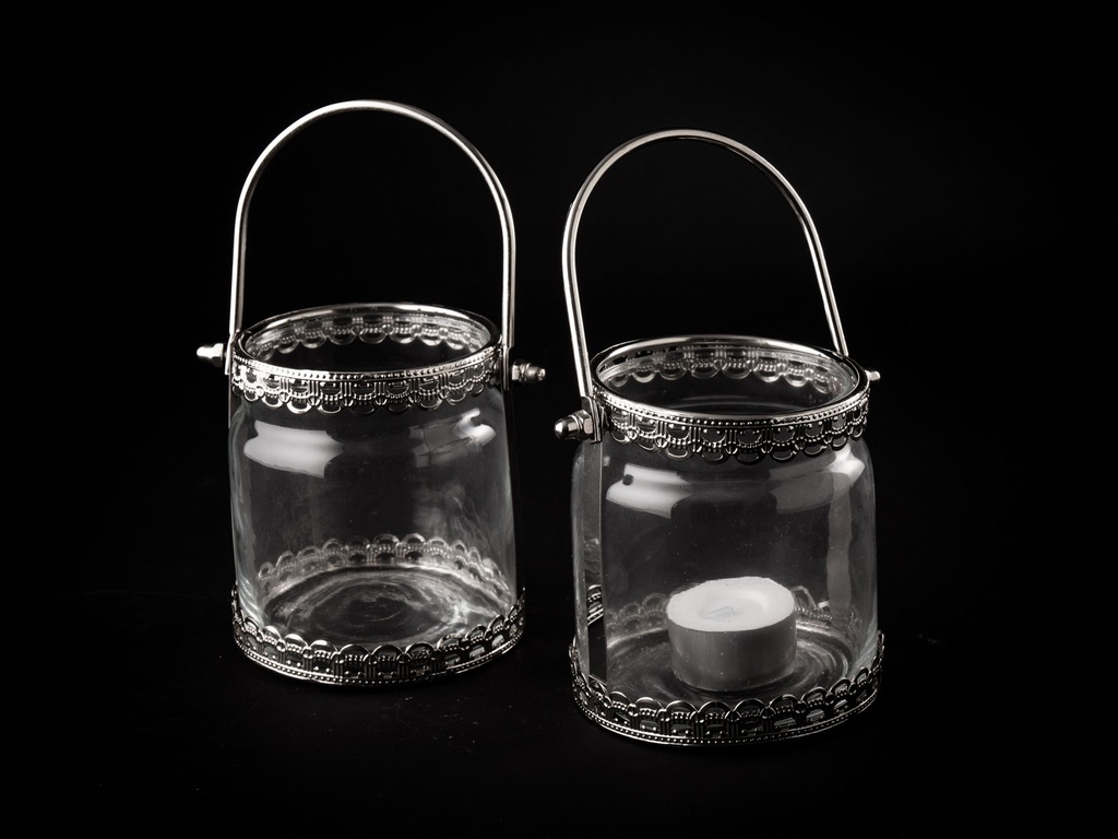 [60392] Telysglass m/kromdekor og håndtak, H - 10 x 8,5 cm.