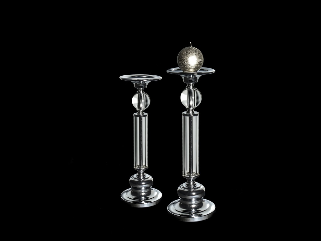Lysestake for kubbelys, glass + krom, H - 32 cm