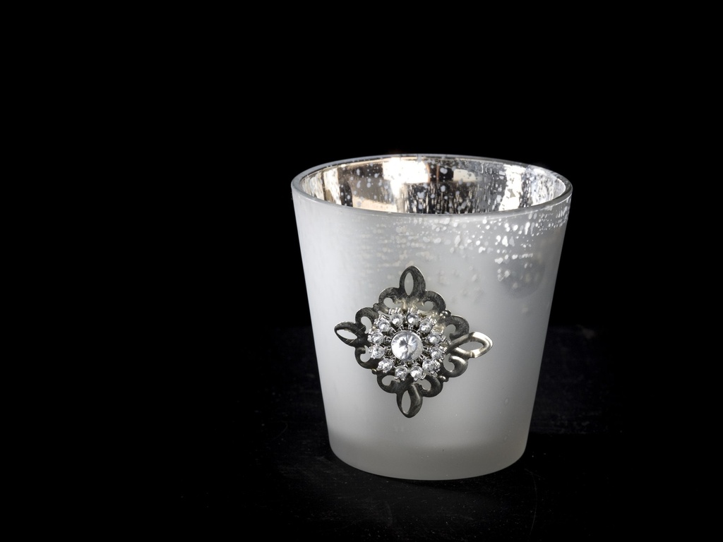 [70219] Telysglass frostet creme m/krom dekor, 9,2 x 9,2 cm