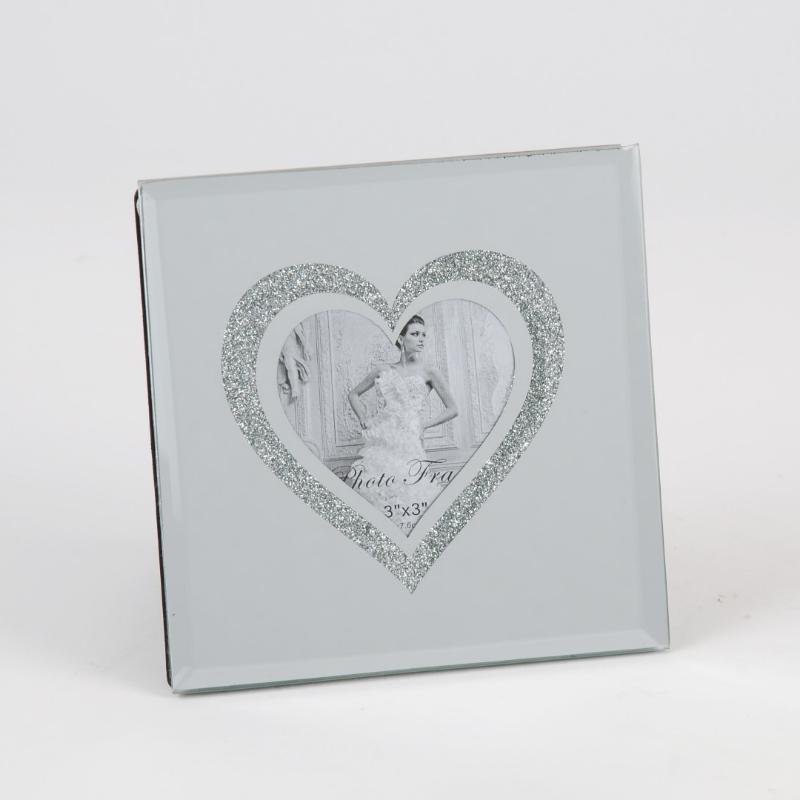 [70262] Hjerte fotoramme i speilglass m/sølv dekor, 15,5 x 15,5 x 1,2 cm