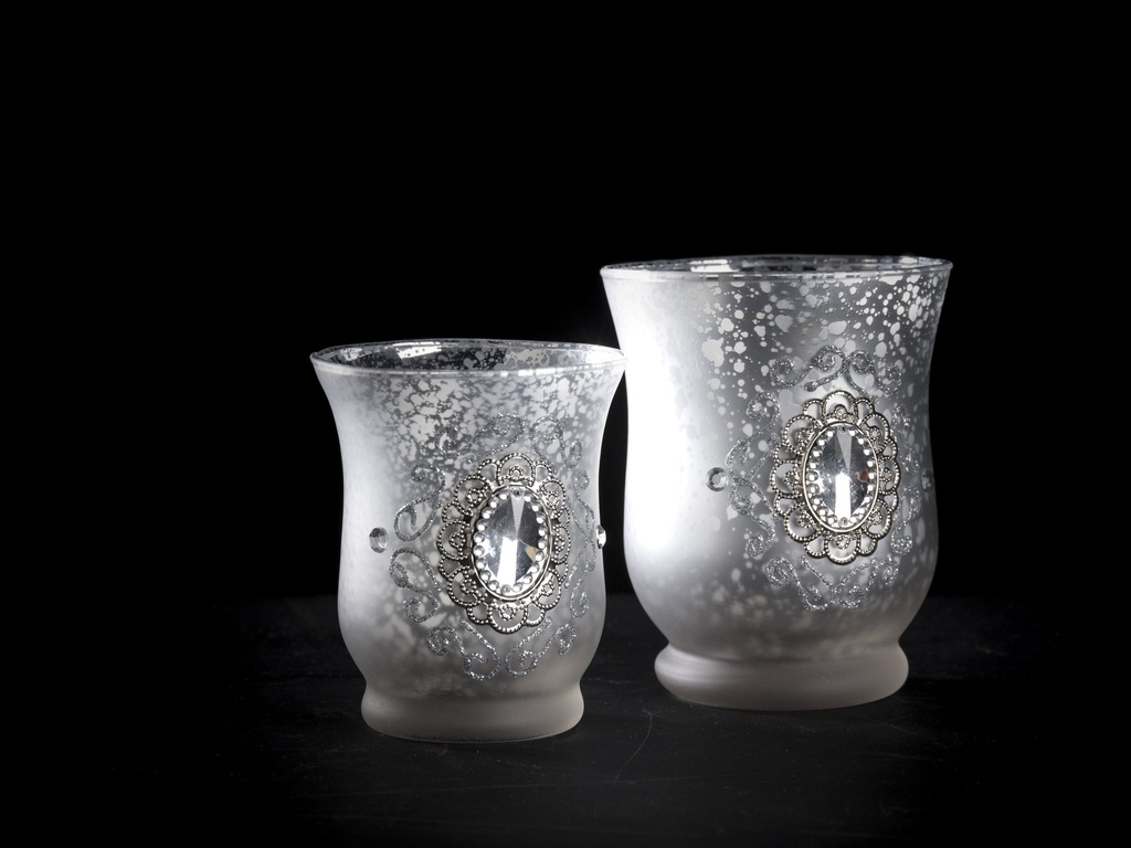 Telysglass i antikk sølv m/"diamant", H - 9 cm