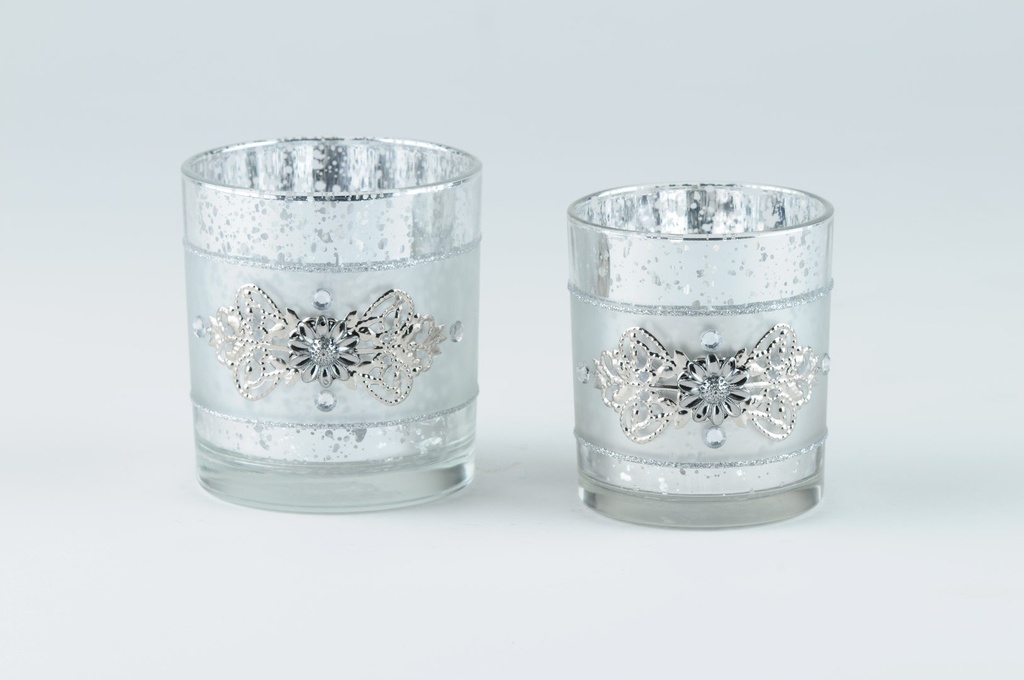 Telysglass i antikk sølv + blank antikk sølv m/"dekor", H - 8 cm