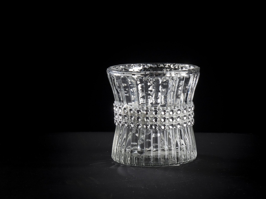 Telysglass antikk sølv m/strass på midten,
