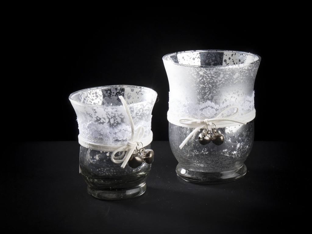 Telysglass, antikk matt & klart sølv, m/blonde, rem + sølv hjerter, 7,5 x 9 cm