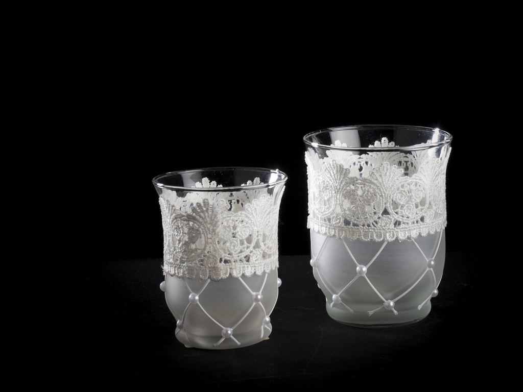 Telysglass, frostet hvit  m/blonde, 7,5 x 9 cm