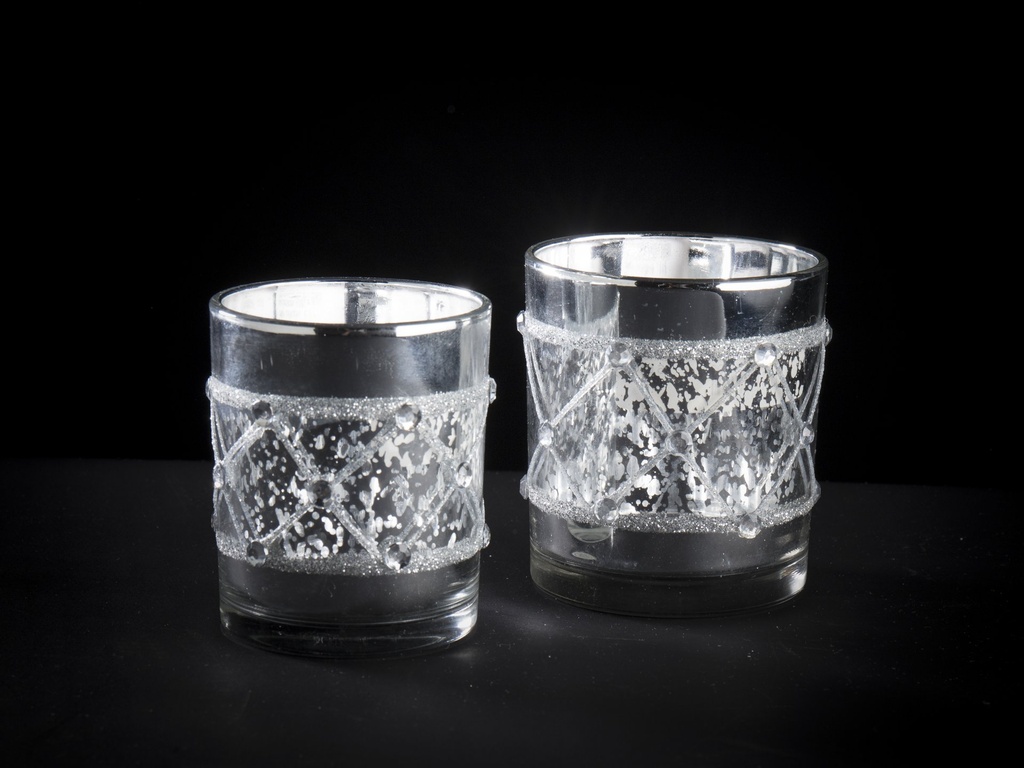 Telysglass klart + antikk sølv m/glitter, 6,2 x 7,3 cm
