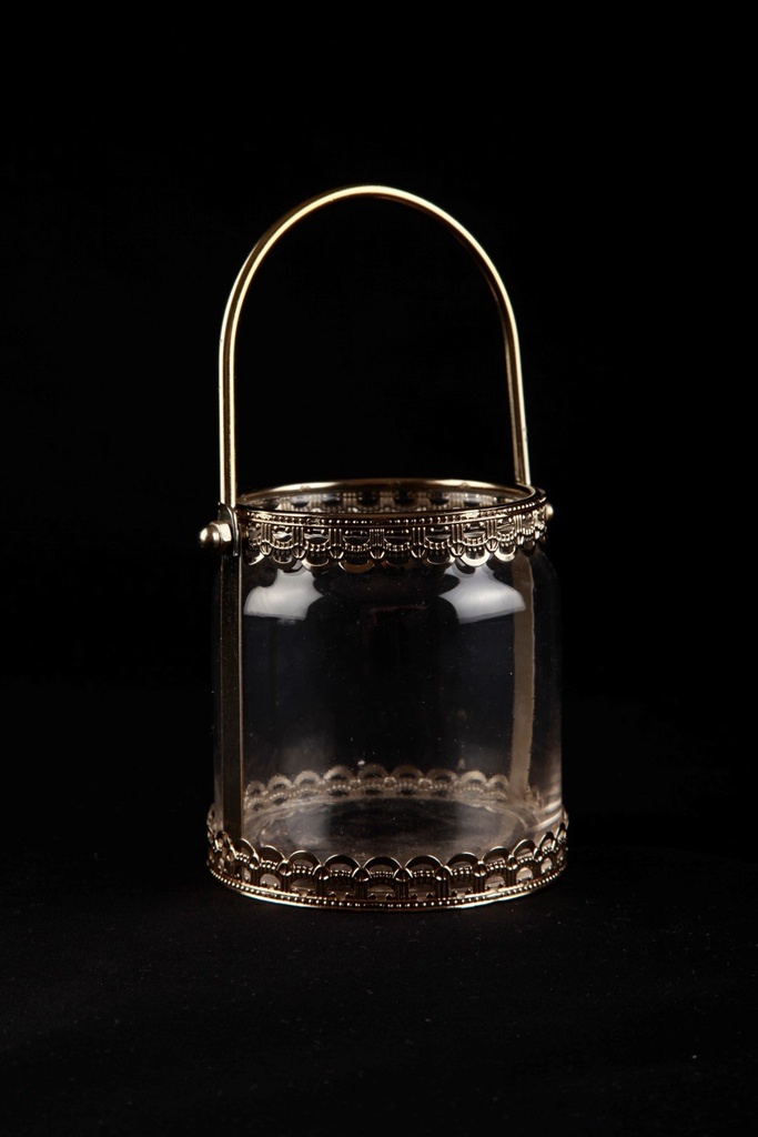 Telysglass m/håndtak, gyldent, H - 10 x 8,5 cm.