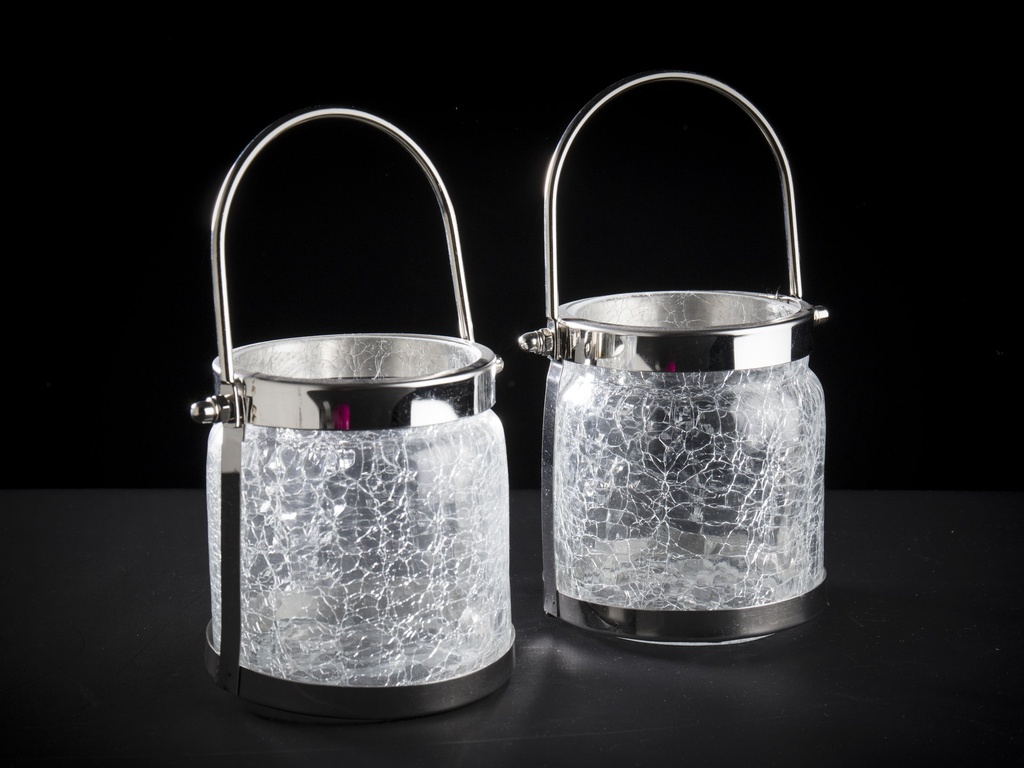 Telysglass m/kromdekor, håndtak og krakkelert glass, H - 10 x 8,5 cm.
