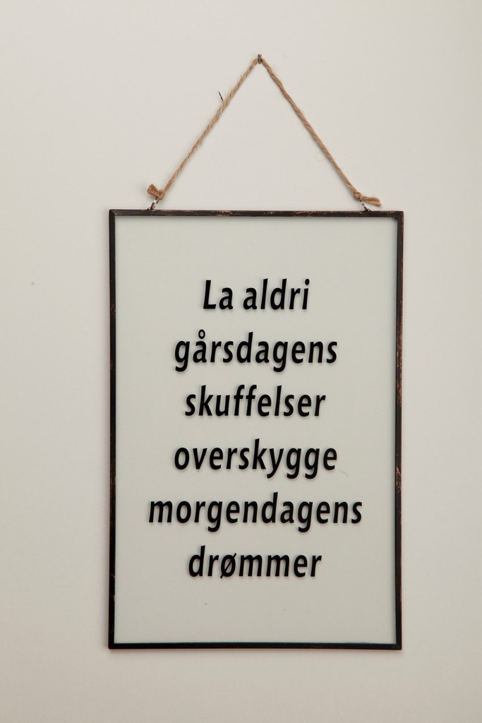 Skilt i glass m/ antikk gylden ramme, 20 x 30 x 1 cm