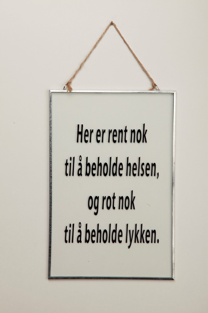 [70377] Skilt i glass m/sølv ramme, 20 x 30 x 1 cm