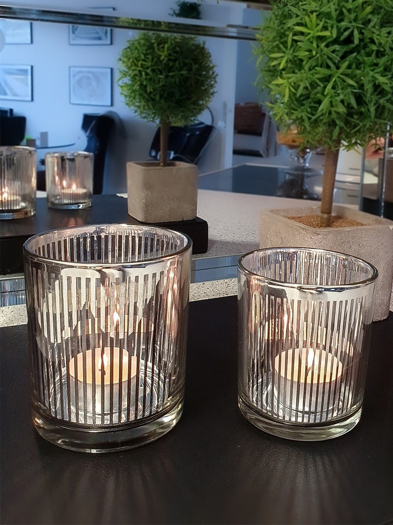 Telysglass klart m/sølvstriper, Ø - 8 / H - 8,5 cm