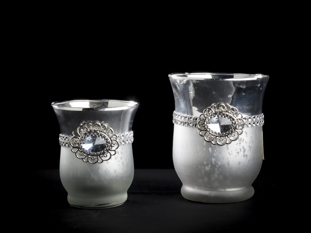 Telysglass antikk & blankt sølv m/"strass", Ø - 9 / H - 10,5 cm