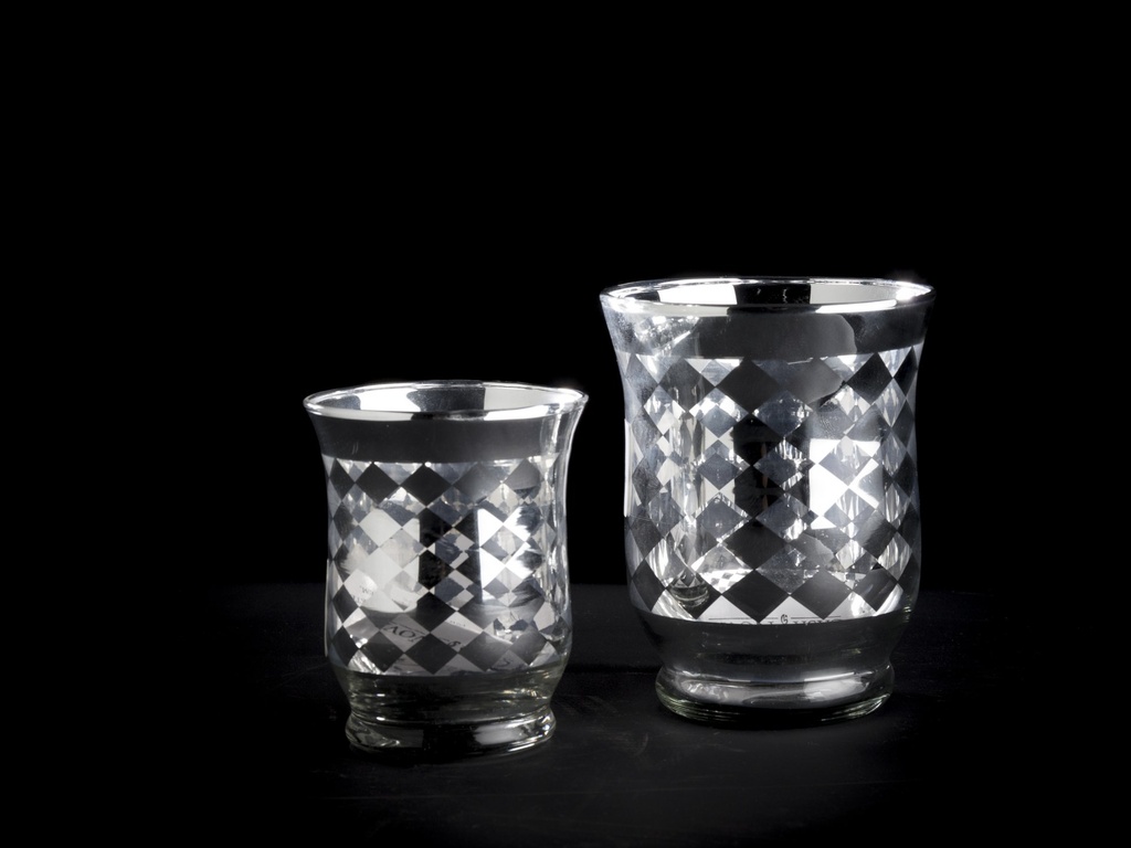 Telysglass, klart & sølv, rute mønster, Ø - 7,5 / H - 9 cm
