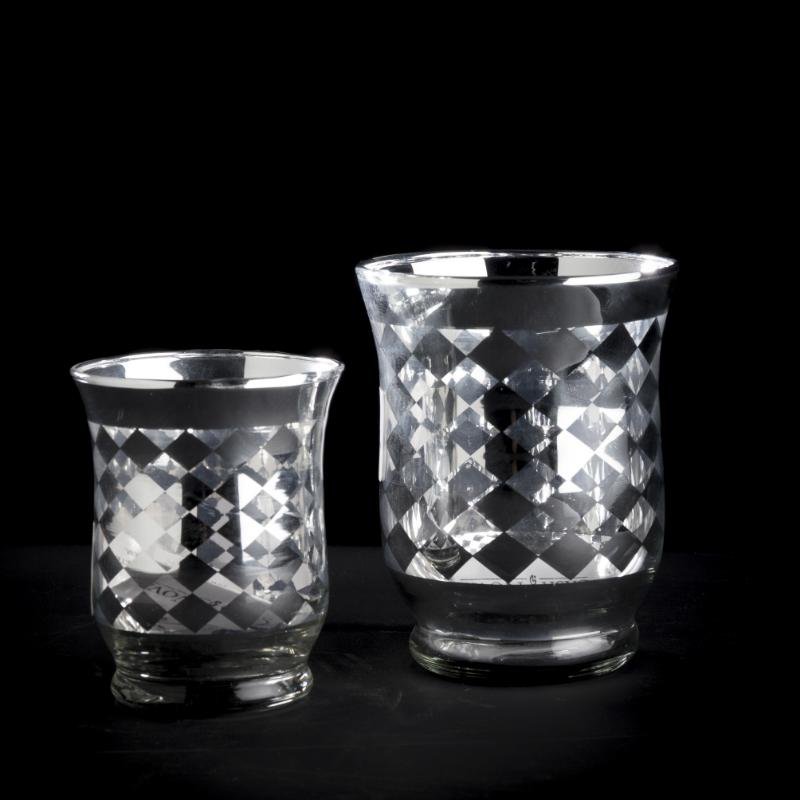 Telysglass, klart & sølv, rute mønster, Ø - 9 / H - 11 cm
